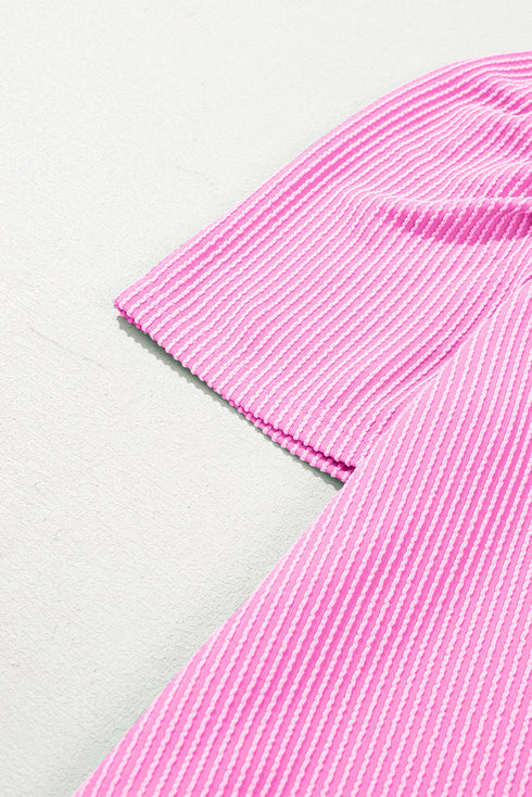 Corded Knit Crew Neck Puff Sleeve Shift Mini Dress